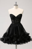 Cute Black A Line Corset Strapless Ruffled Short Cocktail Dress