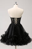 Cute Black A Line Corset Strapless Ruffled Short Cocktail Dress