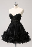 Cute Black A Line Corset Strapless Ruffled Short Cocktail Dress