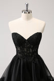 Cute Black A Line Corset Strapless Ruffled Short Cocktail Dress