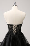 Cute Black A Line Corset Strapless Ruffled Short Cocktail Dress