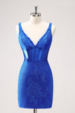 Royal Blue Bodycon V-Neck Short Cocktail Dress with Lace Up Back