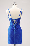 Royal Blue Bodycon V-Neck Short Cocktail Dress with Lace Up Back