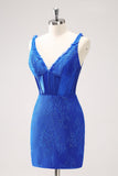 Royal Blue Bodycon V-Neck Short Cocktail Dress with Lace Up Back