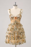 Golden A-Line Spaghetti Straps Sequined Cocktail Dress with Flower