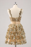 Golden A-Line Spaghetti Straps Sequined Cocktail Dress with Flower