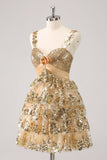 Golden A-Line Spaghetti Straps Sequined Cocktail Dress with Flower