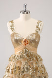 Golden A-Line Spaghetti Straps Sequined Cocktail Dress with Flower