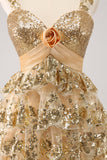 Golden A-Line Spaghetti Straps Sequined Cocktail Dress with Flower