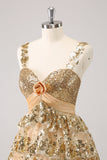 Golden A-Line Spaghetti Straps Sequined Cocktail Dress with Flower