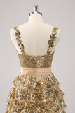 Golden A-Line Spaghetti Straps Sequined Cocktail Dress with Flower