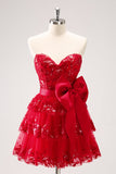 Sparkly Red A-Line Strapless Tiered Sequined Cocktail Dress Dress with Bow