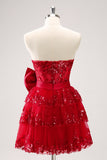 Sparkly Red A-Line Strapless Tiered Sequined Cocktail Dress Dress with Bow