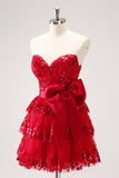 Sparkly Red A-Line Strapless Tiered Sequined Cocktail Dress Dress with Bow