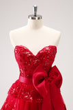 Sparkly Red A-Line Strapless Tiered Sequined Cocktail Dress Dress with Bow