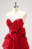 Sparkly Red A-Line Strapless Tiered Sequined Cocktail Dress Dress with Bow