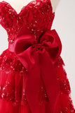 Sparkly Red A-Line Strapless Tiered Sequined Cocktail Dress Dress with Bow