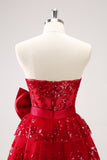 Sparkly Red A-Line Strapless Tiered Sequined Cocktail Dress Dress with Bow