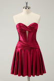 Burgundy A Line Sweetheart Strapless Keyhole Satin Cocktail Dress