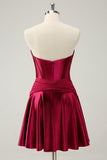 Burgundy A Line Sweetheart Strapless Keyhole Satin Cocktail Dress