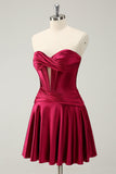 Burgundy A Line Sweetheart Strapless Keyhole Satin Cocktail Dress