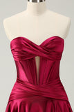 Burgundy A Line Sweetheart Strapless Keyhole Satin Cocktail Dress