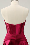 Burgundy A Line Sweetheart Strapless Keyhole Satin Cocktail Dress