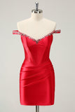 Glitter Red Beaded Off the Shoulder Satin Tight Cocktail Dress