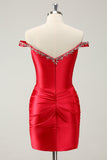 Glitter Red Beaded Off the Shoulder Satin Tight Cocktail Dress