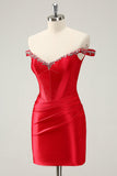 Glitter Red Beaded Off the Shoulder Satin Tight Cocktail Dress