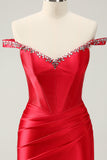 Glitter Red Beaded Off the Shoulder Satin Tight Cocktail Dress