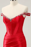 Glitter Red Beaded Off the Shoulder Satin Tight Cocktail Dress