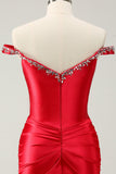 Glitter Red Beaded Off the Shoulder Satin Tight Cocktail Dress