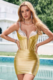 Golden Spaghetti Straps Tight Corset Cocktail Dress with Sequins