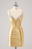 Golden Spaghetti Straps Bodycon Cocktail Dress with Sequins