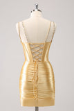 Golden Spaghetti Straps Tight Corset Cocktail Dress with Sequins