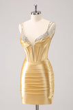 Golden Spaghetti Straps Bodycon Cocktail Dress with Sequins