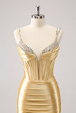 Golden Spaghetti Straps Bodycon Cocktail Dress with Sequins