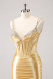 Golden Spaghetti Straps Bodycon Cocktail Dress with Sequins