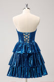 Peacock Blue A Line Strapless Corset Tiered Short Homecoming Dress