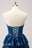 Peacock Blue A Line Strapless Corset Tiered Short Homecoming Dress