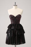 Sparkly Black Pink Sweetheart Tiered Cocktail Dress with Beading