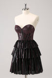 Sparkly Black Pink Sweetheart Tiered Cocktail Dress with Beading