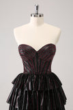 Sparkly Black Pink Sweetheart Tiered Cocktail Dress with Beading