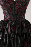 Sparkly Black Pink Sweetheart Tiered Cocktail Dress with Beading