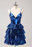 Ink Blue Spaghetti Straps A Line Tiered Short Cocktail Dress