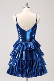 Ink Blue Spaghetti Straps A Line Tiered Short Cocktail Dress