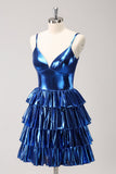 Ink Blue Spaghetti Straps A Line Tiered Short Homecoming Dress