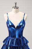 Ink Blue Spaghetti Straps A Line Tiered Short Cocktail Dress