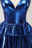 Ink Blue Spaghetti Straps A Line Tiered Short Cocktail Dress